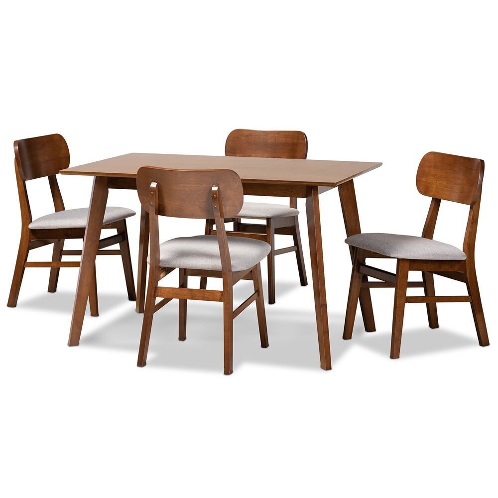 BAXTON STUDIO EUCLID MID-CENTURY MODERN GREY FABRIC UPHOLSTERED AND WALNUT BROWN FINISHED WOOD 5-PIECE DINING SET