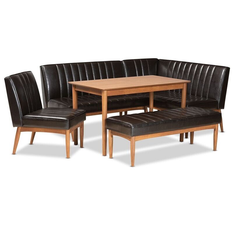 BAXTON STUDIO DAYMOND MID-CENTURY MODERN DARK BROWN FAUX LEATHER UPHOLSTERED AND WALNUT BROWN FINISHED WOOD 5-PIECE DINING NOOK SET BAXTON STUDIO DAYMOND MID-CENTURY MODERN DARK BROWN FAUX LEATHER UPHOLSTERED AND WALNUT BROWN FINISHED WOOD 5-PIECE DINING NOOK SET