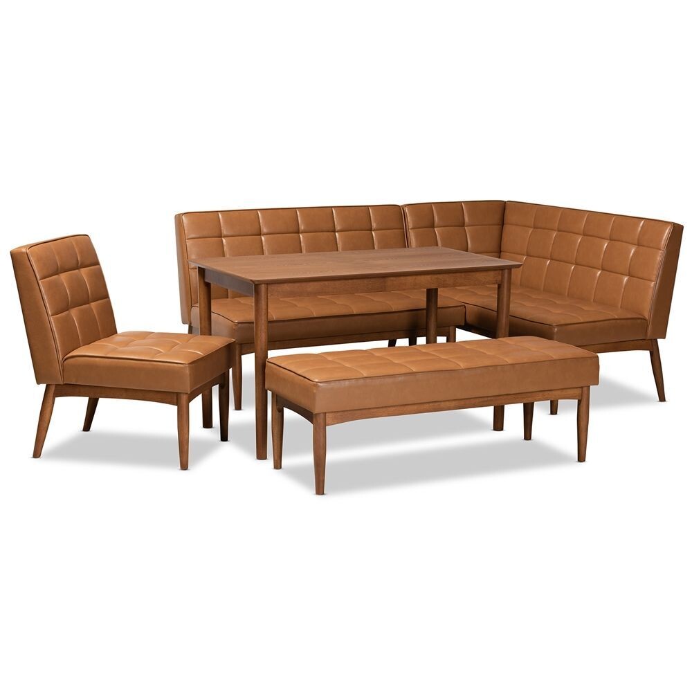 BAXTON STUDIO SANFORD MID-CENTURY MODERN TAN FAUX LEATHER UPHOLSTERED AND WALNUT BROWN FINISHED WOOD 5-PIECE DINING NOOK SET