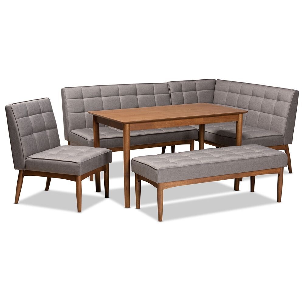 BAXTON STUDIO SANFORD MID-CENTURY MODERN GREY FABRIC UPHOLSTERED AND WALNUT BROWN FINISHED WOOD 5-PIECE DINING NOOK SET
