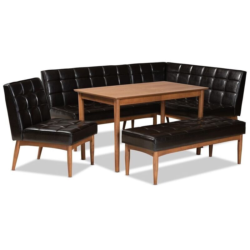 BAXTON STUDIO SANFORD MID-CENTURY MODERN DARK BROWN FAUX LEATHER UPHOLSTERED AND WALNUT BROWN FINISHED WOOD 5-PIECE DINING NOOK SET