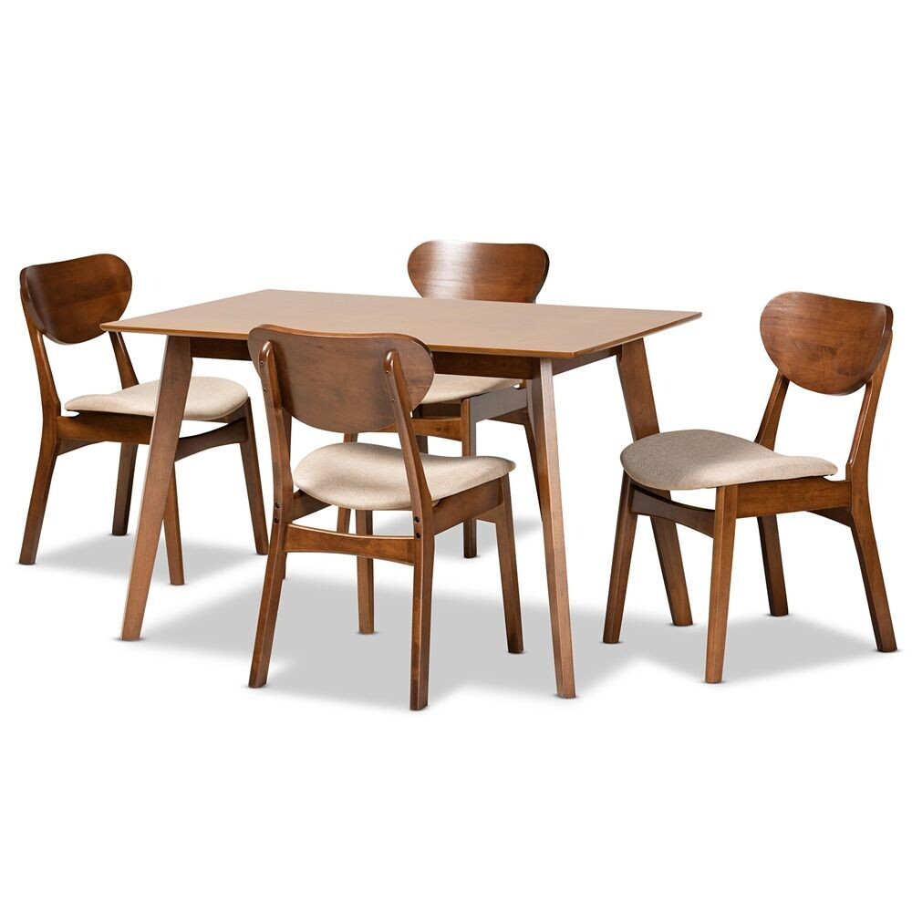 BAXTON STUDIO KATYA MID-CENTURY MODERN SAND FABRIC UPHOLSTERED AND WALNUT BROWN FINISHED WOOD 5-PIECE DINING SET