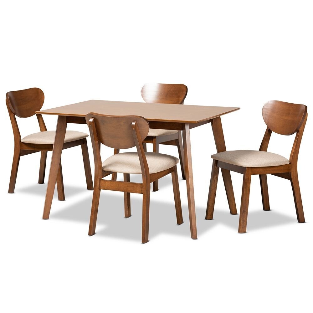 BAXTON STUDIO DAMARA MID-CENTURY MODERN SAND FABRIC UPHOLSTERED AND WALNUT BROWN FINISHED WOOD 5-PIECE DINING SET