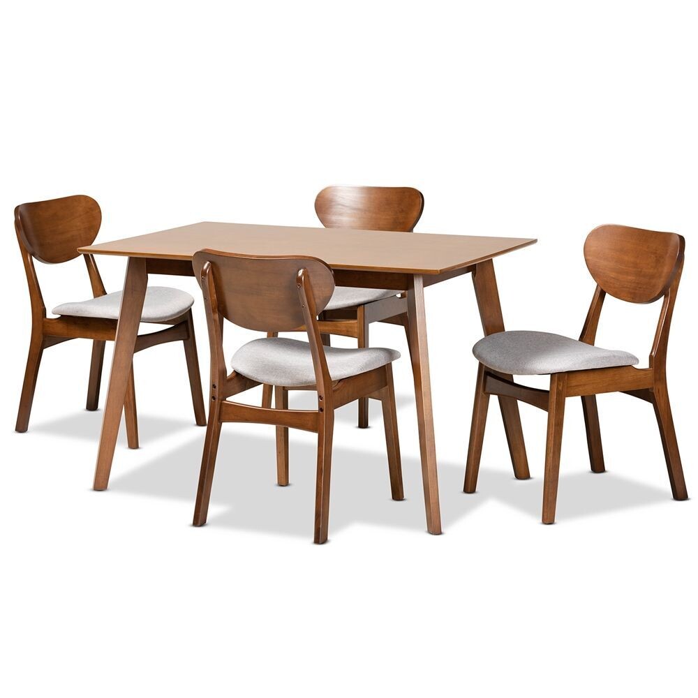 BAXTON STUDIO KATYA MID-CENTURY MODERN GREY FABRIC UPHOLSTERED AND WALNUT BROWN FINISHED WOOD 5-PIECE DINING SET
