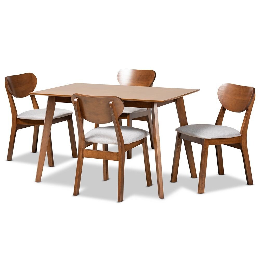 BAXTON STUDIO DAMARA MID-CENTURY MODERN GREY FABRIC UPHOLSTERED AND WALNUT BROWN FINISHED WOOD 5-PIECE DINING SET