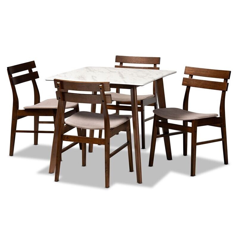 BAXTON STUDIO RICHMOND MID-CENTURY MODERN LIGHT BEIGE FABRIC UPHOLSTERED AND WALNUT BROWN FINISHED WOOD 5-PIECE DINING SET WITH FAUX MARBLE DINING TABLE BAXTON STUDIO RICHMOND MID-CENTURY MODERN LIGHT BEIGE FABRIC UPHOLSTERED AND WALNUT BROWN FINISHED WOOD 5-PIECE DINING SET WITH FAUX MARBLE DINING TABLE