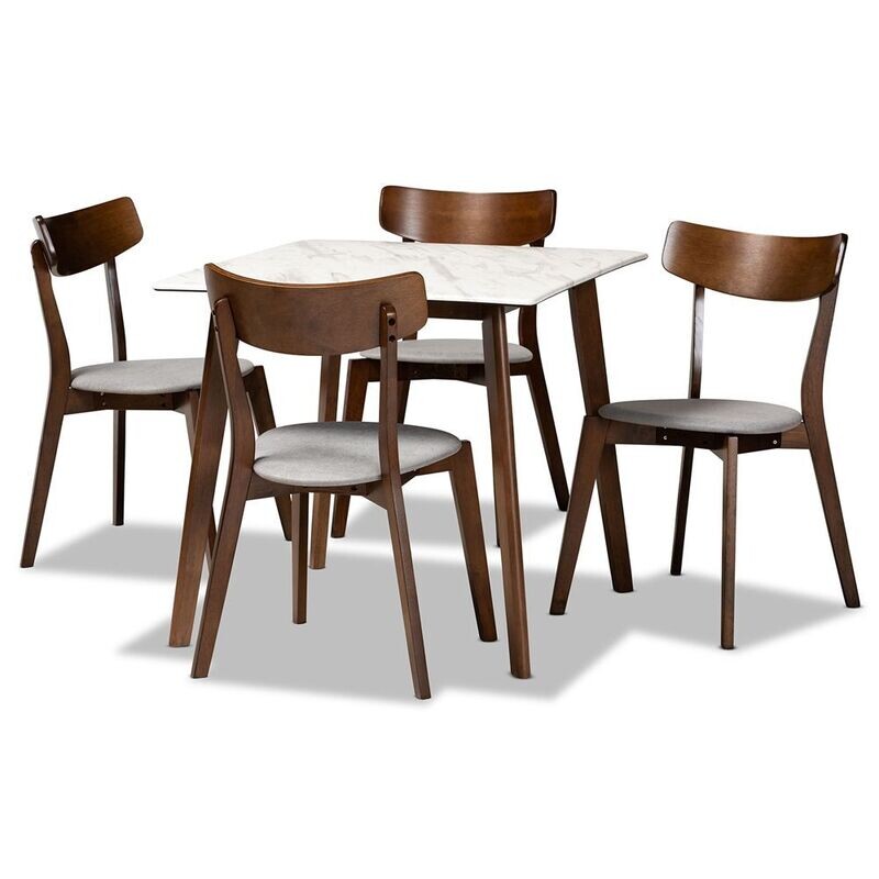 BAXTON STUDIO REBA MID-CENTURY MODERN LIGHT GREY FABRIC UPHOLSTERED AND WALNUT BROWN FINISHED WOOD 5-PIECE DINING SET WITH FAUX MARBLE DINING TABLE BAXTON STUDIO REBA MID-CENTURY MODERN LIGHT GREY FABRIC UPHOLSTERED AND WALNUT BROWN FINISHED WOOD 5-PIECE DINING SET WITH FAUX MARBLE DINING TABLE