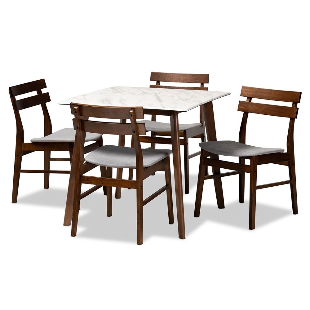 BAXTON STUDIO RICHMOND MID-CENTURY MODERN LIGHT GREY FABRIC UPHOLSTERED AND WALNUT BROWN FINISHED WOOD 5-PIECE DINING SET WITH FAUX MARBLE DINING TABLE