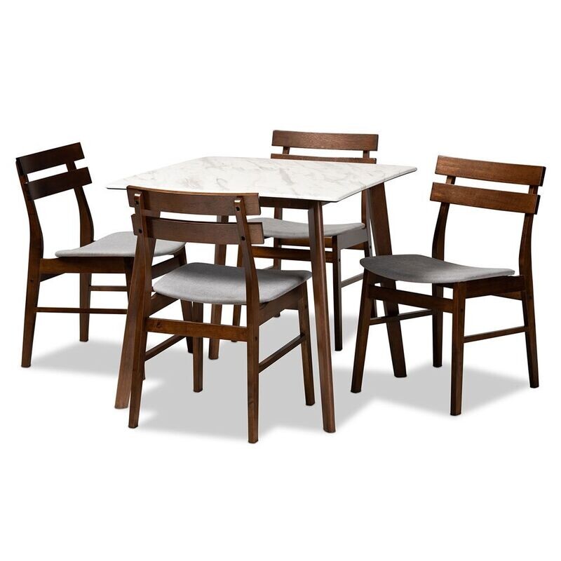 BAXTON STUDIO RICHMOND MID-CENTURY MODERN LIGHT GREY FABRIC UPHOLSTERED AND WALNUT BROWN FINISHED WOOD 5-PIECE DINING SET WITH FAUX MARBLE DINING TABLE BAXTON STUDIO RICHMOND MID-CENTURY MODERN LIGHT GREY FABRIC UPHOLSTERED AND WALNUT BROWN FINISHED WOOD 5-PIECE DINING SET WITH FAUX MARBLE DINING TABLE