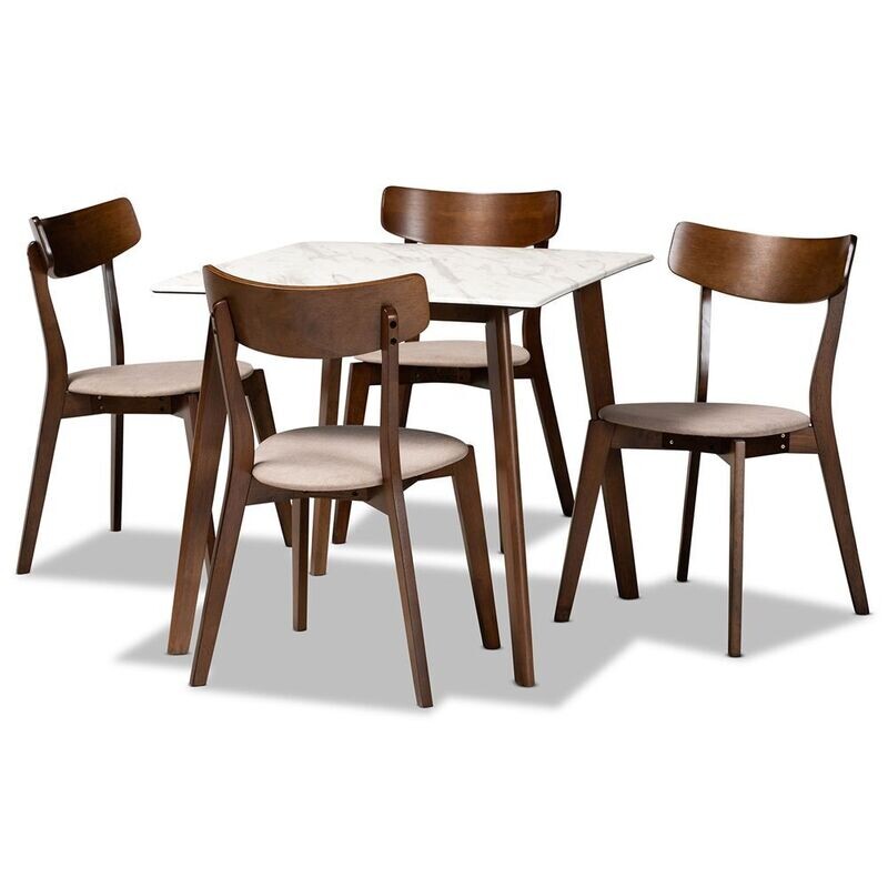 BAXTON STUDIO REBA MID-CENTURY MODERN LIGHT BEIGE FABRIC UPHOLSTERED AND WALNUT BROWN FINISHED WOOD 5-PIECE DINING SET WITH FAUX MARBLE DINING TABLE BAXTON STUDIO REBA MID-CENTURY MODERN LIGHT BEIGE FABRIC UPHOLSTERED AND WALNUT BROWN FINISHED WOOD 5-PIECE DINING SET WITH FAUX MARBLE DINING TABLE