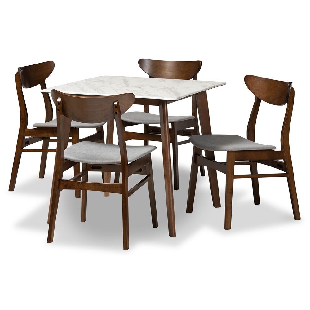 BAXTON STUDIO PARAS MID-CENTURY MODERN TRANSITIONAL LIGHT GREY FABRIC UPHOLSTERED AND WALNUT BROWN FINISHED WOOD 5-PIECE DINING SET WITH FAUX MARBLE DINING TABLE  It