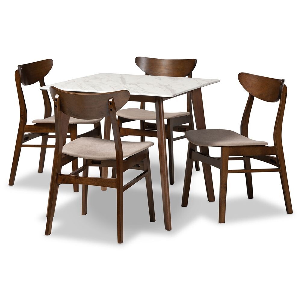 BAXTON STUDIO PARAS MID-CENTURY MODERN TRANSITIONAL LIGHT BEIGE FABRIC UPHOLSTERED AND WALNUT BROWN FINISHED WOOD 5-PIECE DINING SET WITH FAUX MARBLE DINING TABLE