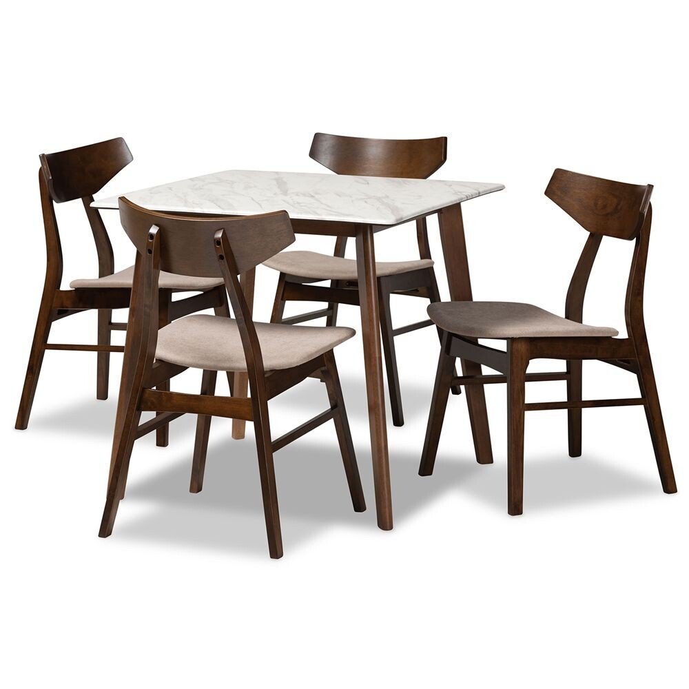 BAXTON STUDIO PEARSON MID-CENTURY MODERN TRANSITIONAL LIGHT BEIGE FABRIC UPHOLSTERED AND WALNUT BROWN FINISHED WOOD 5-PIECE DINING SET WITH FAUX MARBLE TABLE