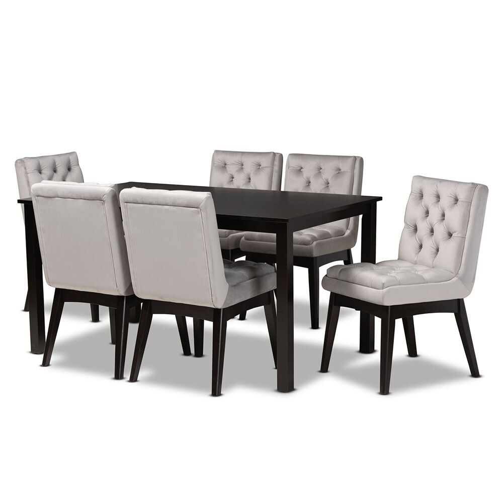 BAXTON STUDIO MAKAR MODERN TRANSITIONAL LIGHT GREY VELVET FABRIC UPHOLSTERED AND DARK BROWN FINISHED WOOD 7-PIECE DINING SET