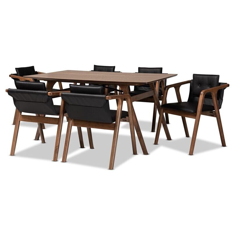 BAXTON STUDIO MARCENA MID-CENTURY MODERN BLACK IMITATION LEATHER UPHOLSTERED AND WALNUT BROWN FINISHED WOOD 7-PIECE DINING SET