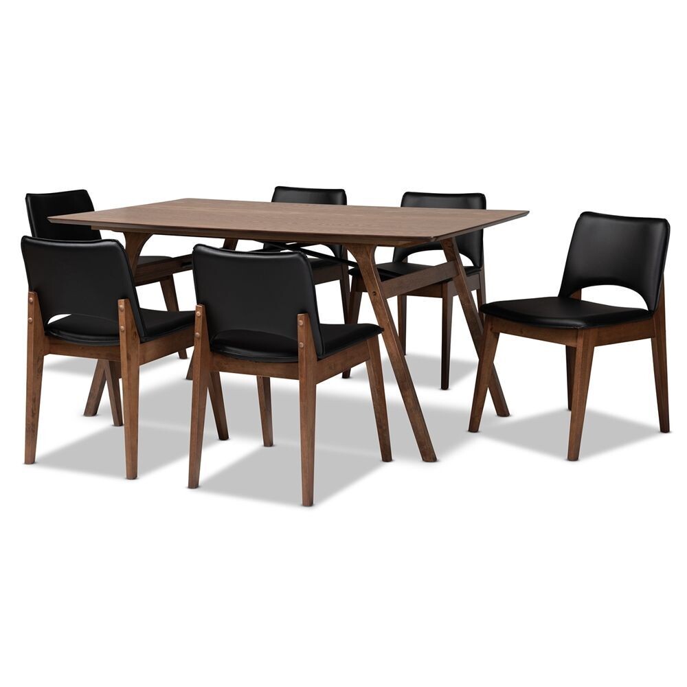 BAXTON STUDIO AFTON MID-CENTURY MODERN BLACK FAUX LEATHER UPHOLSTERED AND WALNUT BROWN FINISHED WOOD 7-PIECE DINING SET