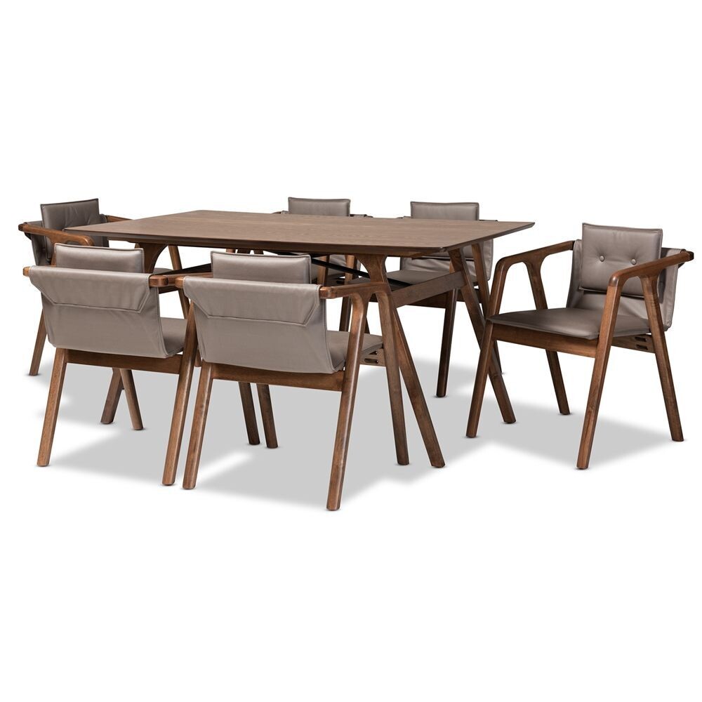 BAXTON STUDIO MARCENA MID-CENTURY MODERN GREY IMITATION LEATHER UPHOLSTERED AND WALNUT BROWN FINISHED WOOD 7-PIECE DINING SET