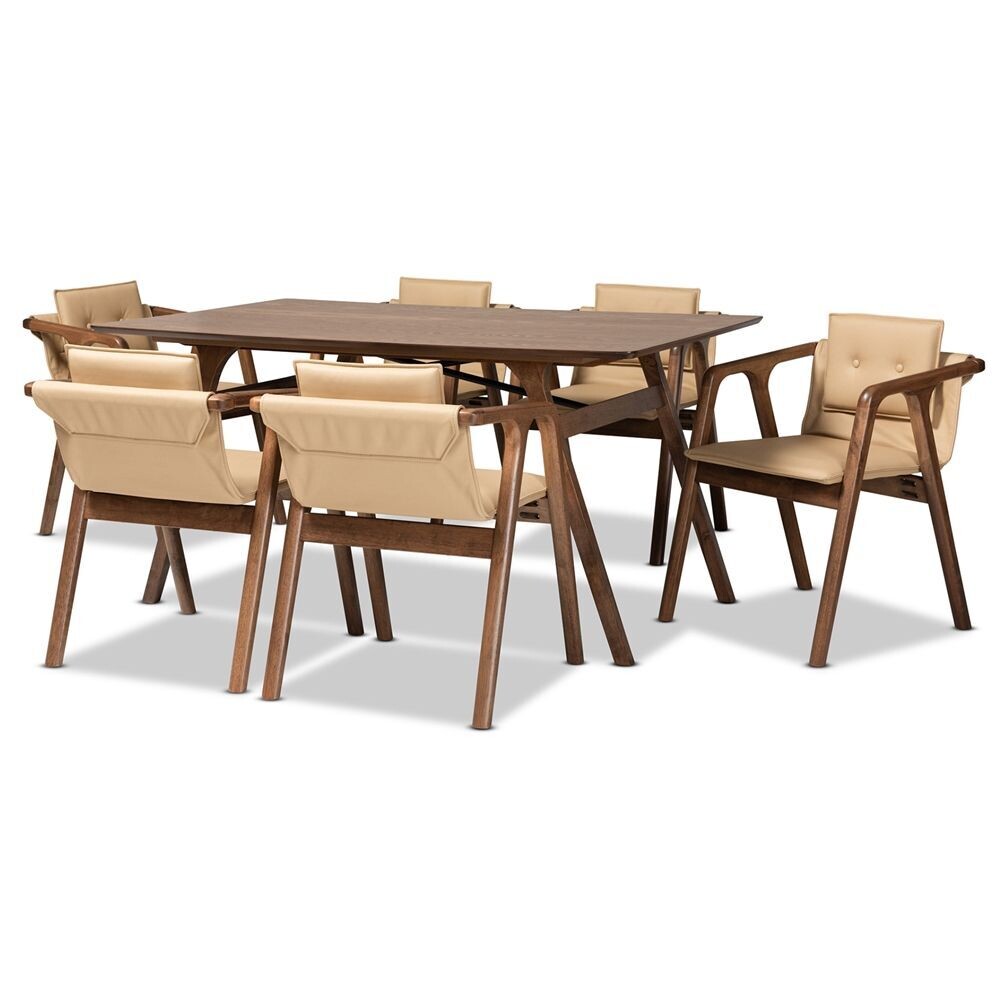BAXTON STUDIO MARCENA MID-CENTURY MODERN BEIGE IMITATION LEATHER UPHOLSTERED AND WALNUT BROWN FINISHED WOOD 7-PIECE DINING SET