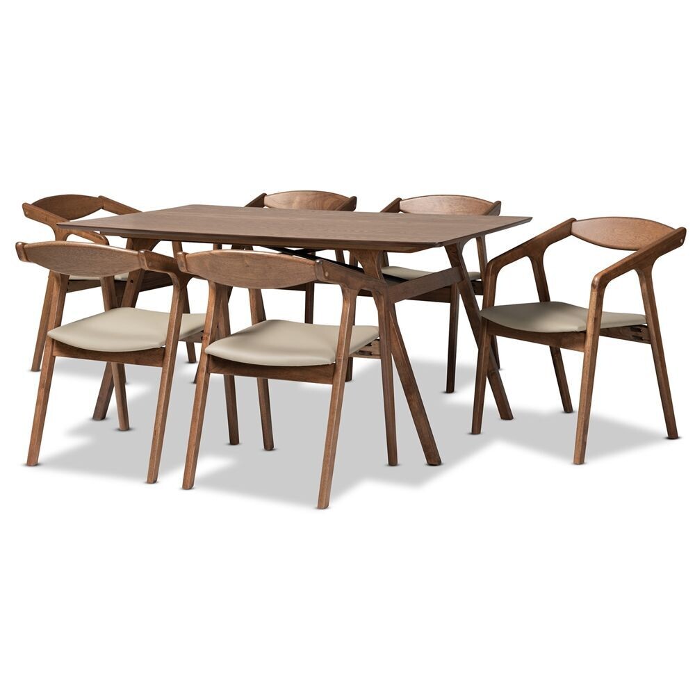 BAXTON STUDIO HARLAND MID-CENTURY MODERN GREY FAUX LEATHER UPHOLSTERED AND WALNUT BROWN FINISHED WOOD 7-PIECE DINING SET