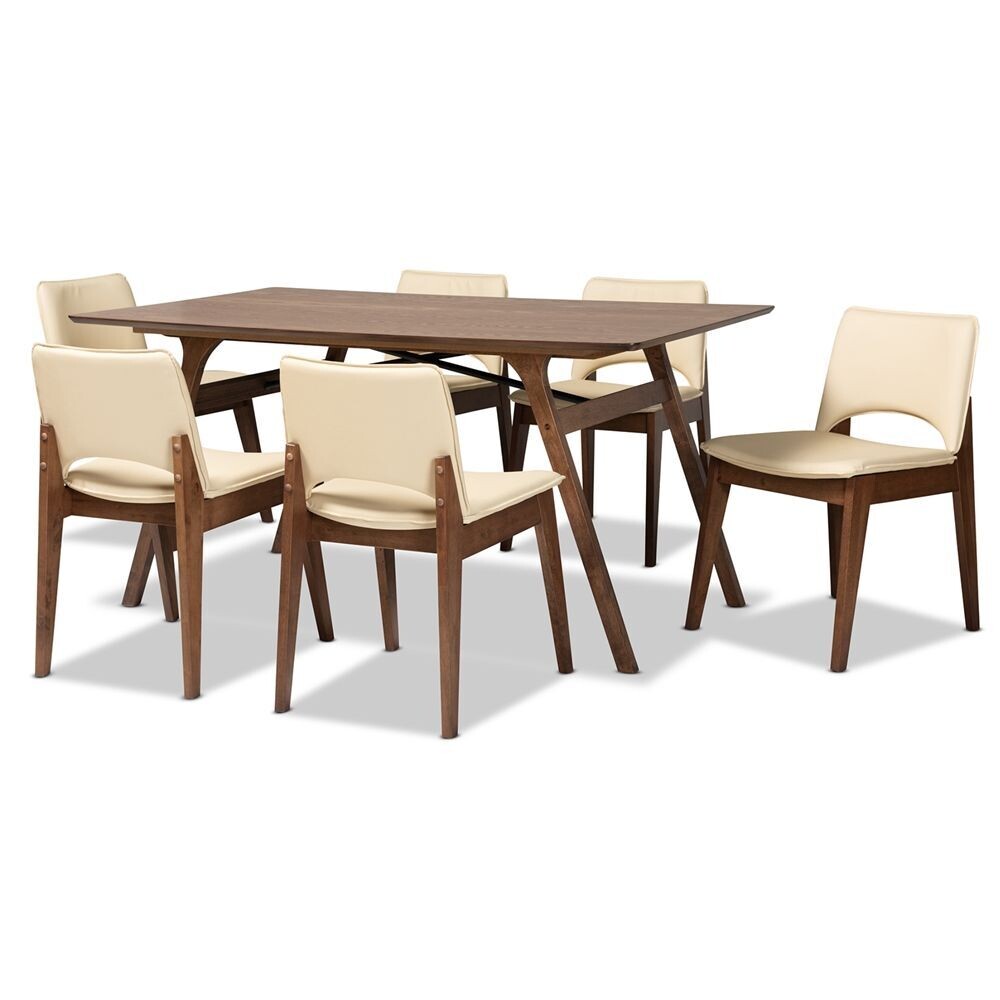 BAXTON STUDIO AFTON MID-CENTURY MODERN BEIGE FAUX LEATHER UPHOLSTERED AND WALNUT BROWN FINISHED WOOD 7-PIECE DINING SET
