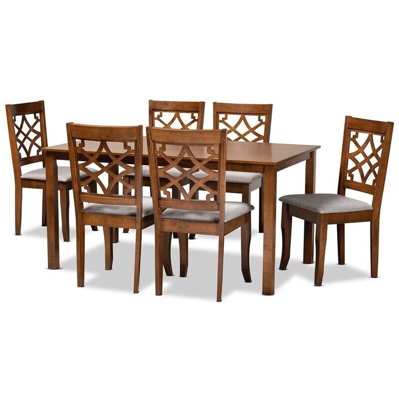 BAXTON STUDIO MAEL MODERN AND CONTEMPORARY GREY FABRIC UPHOLSTERED AND WALNUT BROWN FINISHED WOOD 7-PIECE DINING SET