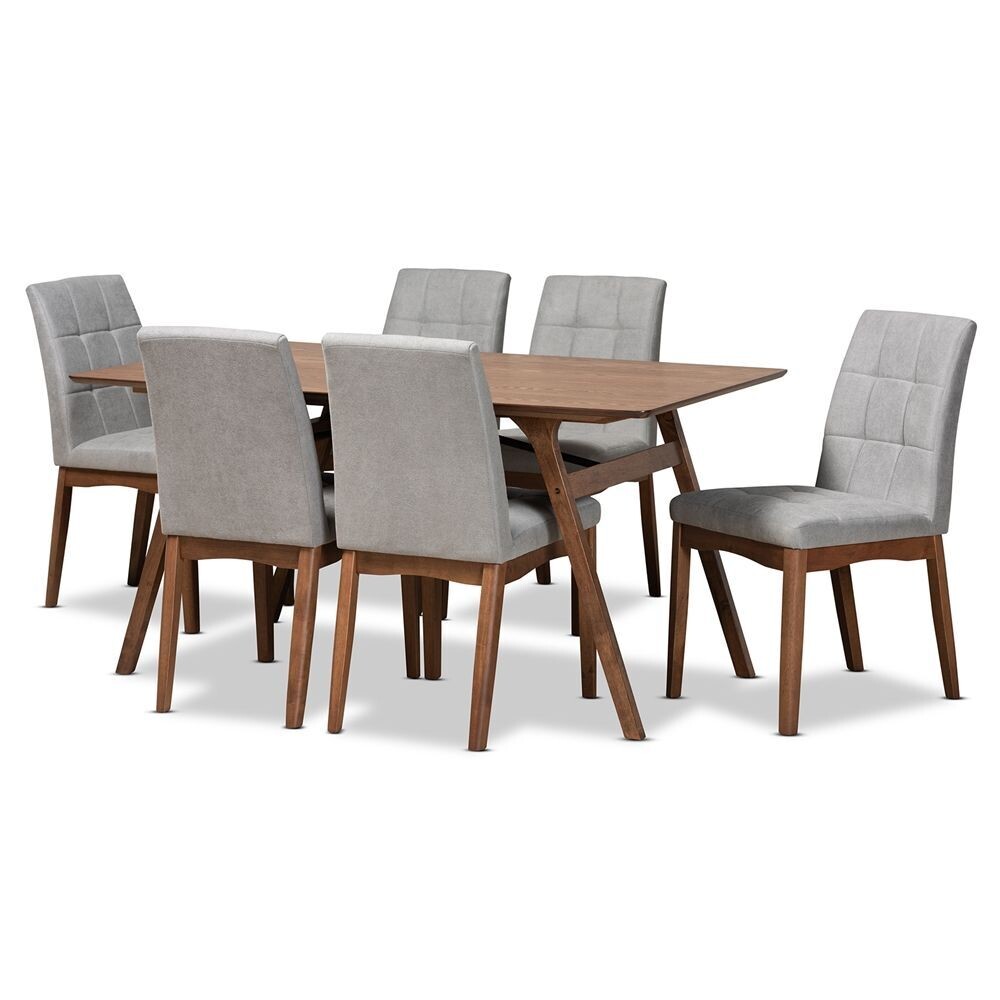 BAXTON STUDIO TARA MID-CENTURY MODERN LIGHT GREY FABRIC UPHOLSTERED AND WALNUT BROWN FINISHED WOOD 7-PIECE DINING SET