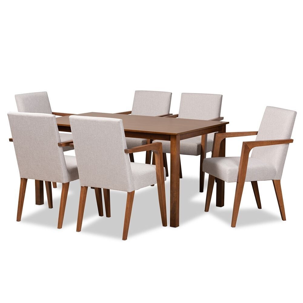 BAXTON STUDIO GLENDA MID-CENTURY MODERN GREYISH BEIGE FABRIC UPHOLSTERED AND WALNUT BROWN FINISHED WOOD 7-PIECE DINING SET