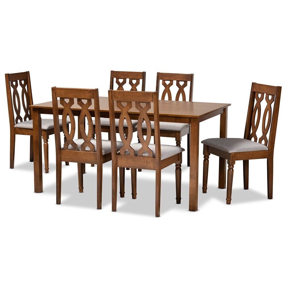 BAXTON STUDIO CHERESE MODERN AND CONTEMPORARY GREY FABRIC UPHOLSTERED AND WALNUT BROWN FINISHED WOOD 7-PIECE DINING SET