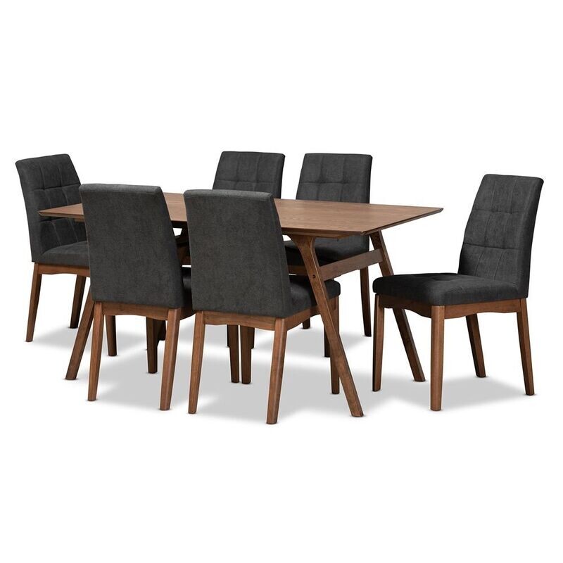 BAXTON STUDIO TARA MID-CENTURY MODERN DARK GREY FABRIC UPHOLSTERED AND WALNUT BROWN FINISHED WOOD 7-PIECE DINING SET