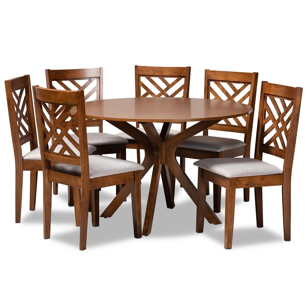 BAXTON STUDIO NORAH MODERN AND CONTEMPORARY GREY FABRIC UPHOLSTERED AND WALNUT BROWN FINISHED WOOD 7-PIECE DINING SET