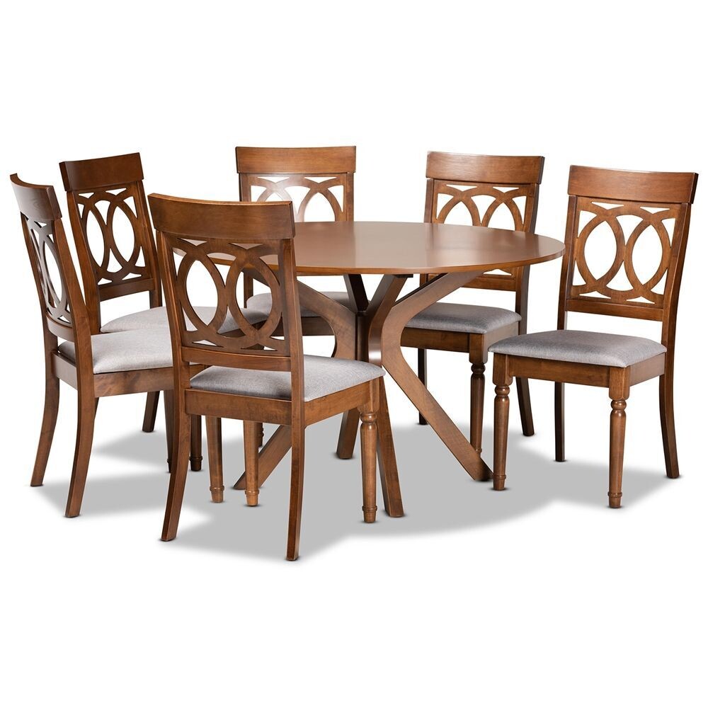 BAXTON STUDIO JESSIE MODERN AND CONTEMPORARY GREY FABRIC UPHOLSTERED AND WALNUT BROWN FINISHED WOOD 7-PIECE DINING SET