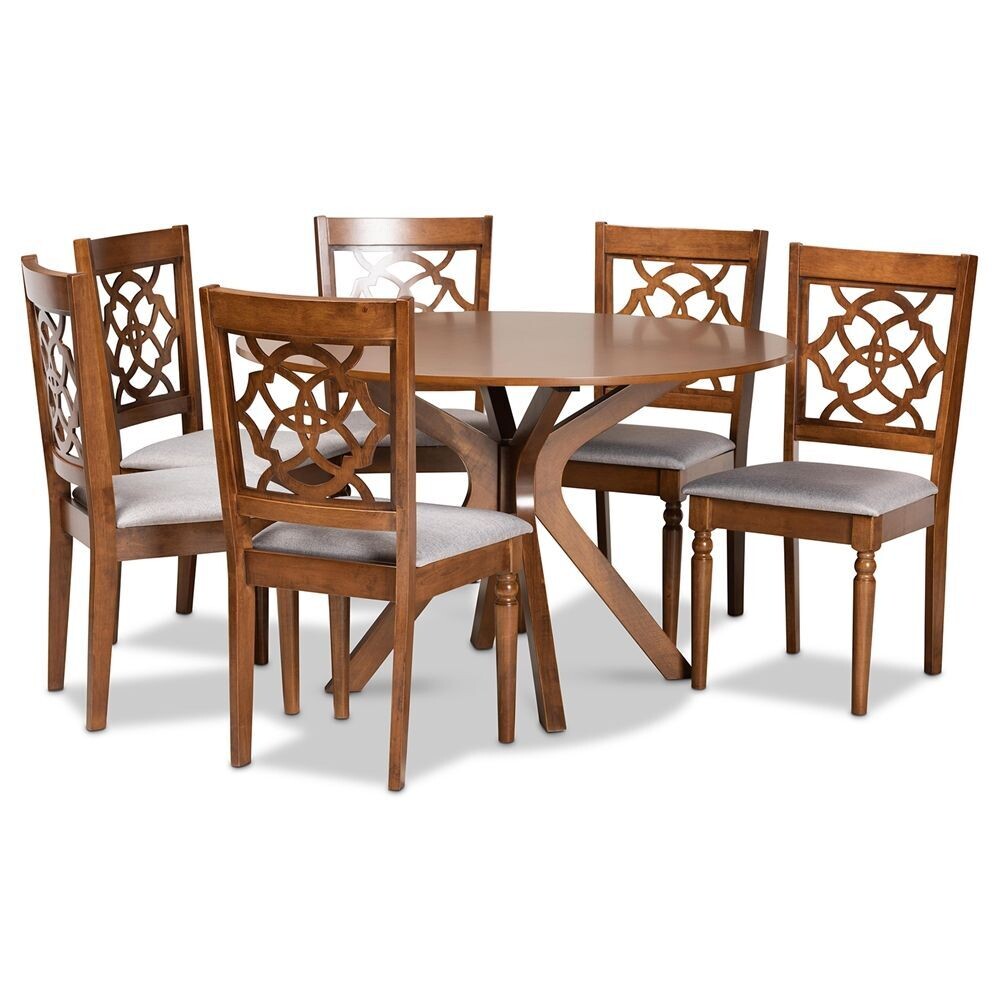 BAXTON STUDIO SADIE MODERN AND CONTEMPORARY GREY FABRIC UPHOLSTERED AND WALNUT BROWN FINISHED WOOD 7-PIECE DINING SET