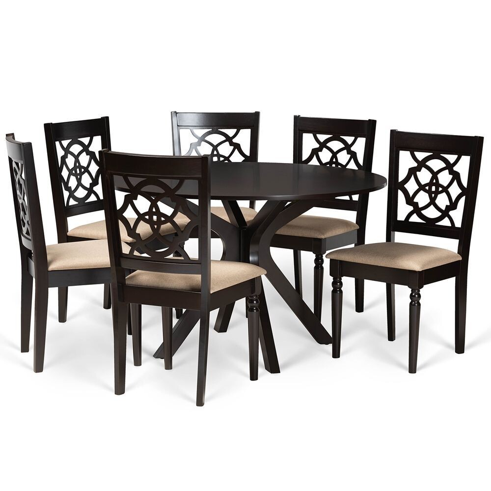 BAXTON STUDIO SADIE MODERN AND CONTEMPORARY SAND FABRIC UPHOLSTERED AND DARK BROWN FINISHED WOOD 7-PIECE DINING SET