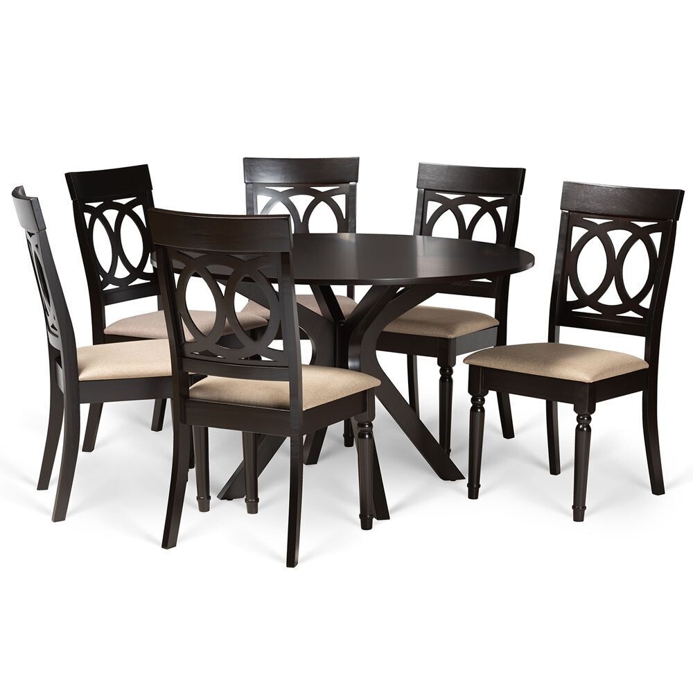 BAXTON STUDIO JESSIE MODERN AND CONTEMPORARY SAND FABRIC UPHOLSTERED AND DARK BROWN FINISHED WOOD 7-PIECE DINING SET