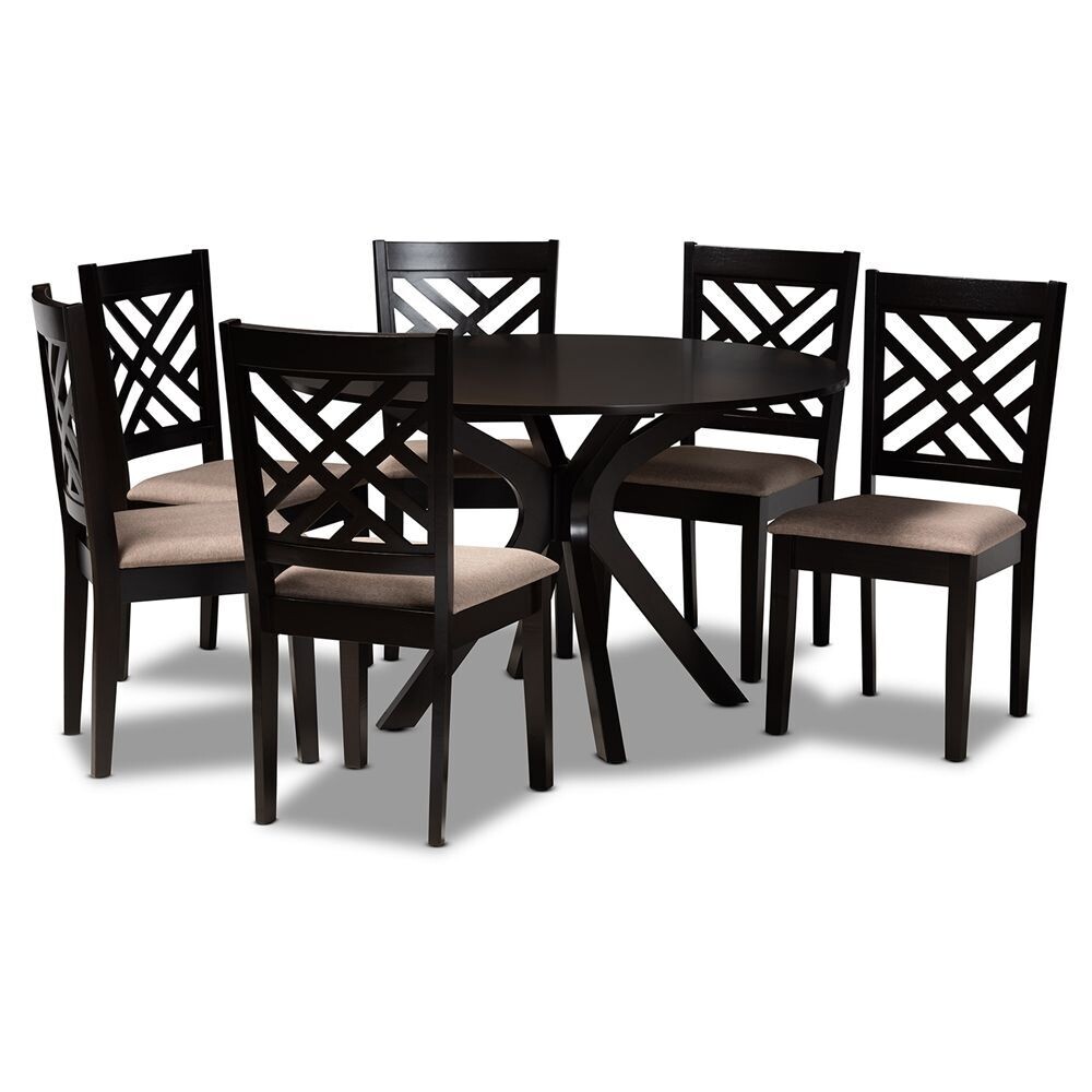 BAXTON STUDIO NORAH MODERN AND CONTEMPORARY SAND FABRIC UPHOLSTERED AND DARK BROWN FINISHED WOOD 7-PIECE DINING SET