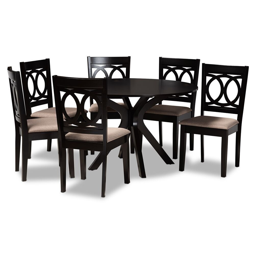 BAXTON STUDIO SANNE MODERN AND CONTEMPORARY SAND FABRIC UPHOLSTERED AND DARK BROWN FINISHED WOOD 7-PIECE DINING SET
