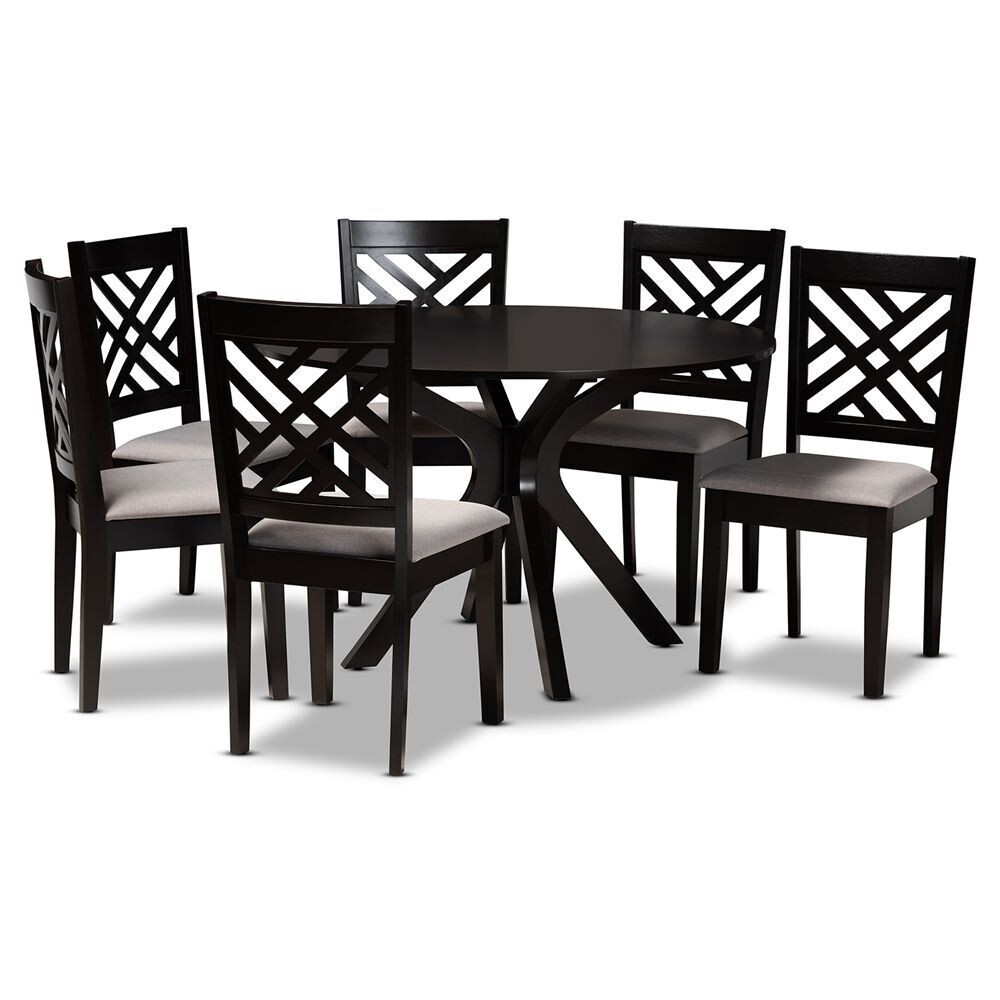 BAXTON STUDIO NORAH MODERN AND CONTEMPORARY GREY FABRIC UPHOLSTERED AND DARK BROWN FINISHED WOOD 7-PIECE DINING SET