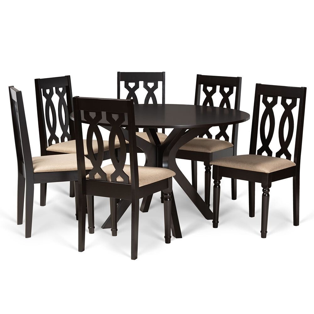 BAXTON STUDIO CALLIE MODERN AND CONTEMPORARY SAND FABRIC UPHOLSTERED AND DARK BROWN FINISHED WOOD 7-PIECE DINING SET