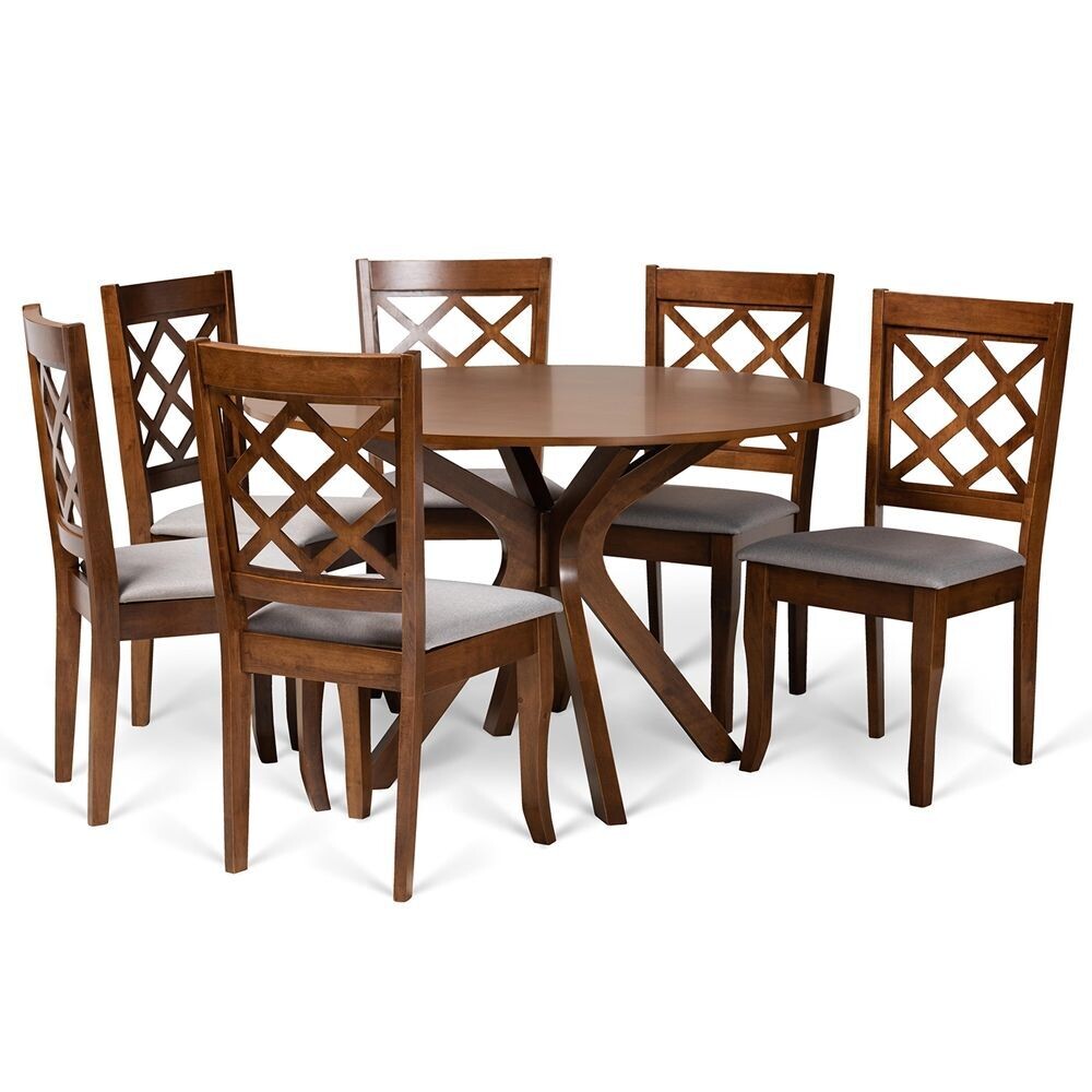 BAXTON STUDIO JANA MODERN AND CONTEMPORARY GREY FABRIC UPHOLSTERED AND WALNUT BROWN FINISHED WOOD 7-PIECE DINING SET