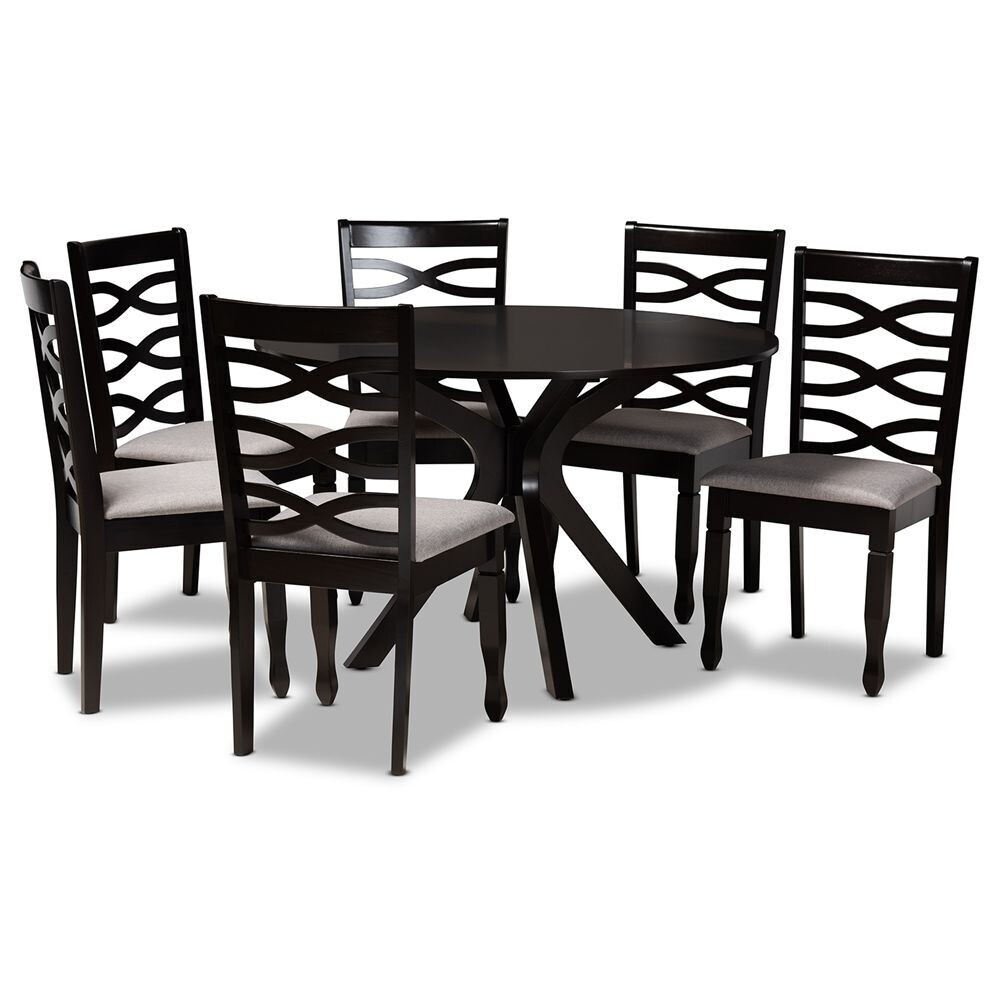 BAXTON STUDIO MILA MODERN AND CONTEMPORARY GREY FABRIC UPHOLSTERED AND DARK BROWN FINISHED WOOD 7-PIECE DINING SET