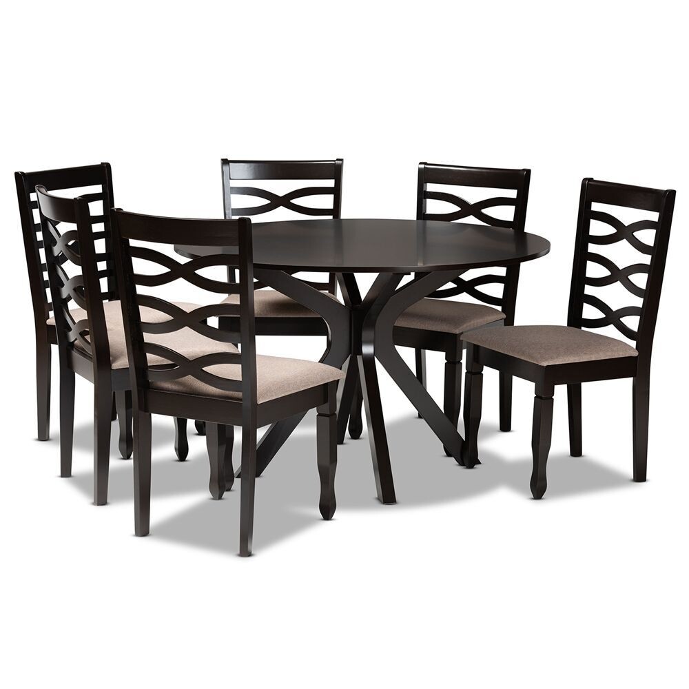 BAXTON STUDIO MILA MODERN AND CONTEMPORARY SAND FABRIC UPHOLSTERED DARK BROWN FINISHED WOOD 7-PIECE DINING SET