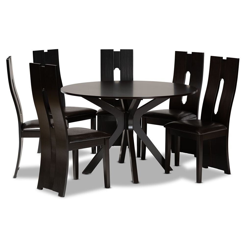 BAXTON STUDIO KENYON MODERN AND CONTEMPORARY DARK BROWN FAUX LEATHER UPHOLSTERED AND DARK BROWN FINISHED WOOD 7-PIECE DINING SET