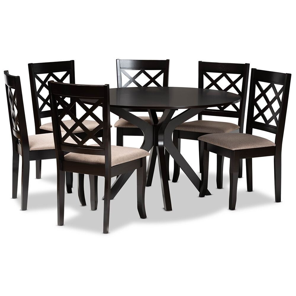 BAXTON STUDIO JANA MODERN AND CONTEMPORARY SAND FABRIC UPHOLSTERED AND DARK BROWN FINISHED WOOD 7-PIECE DINING SET