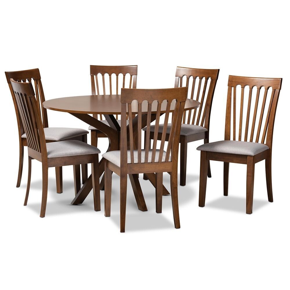 BAXTON STUDIO LORE MODERN AND CONTEMPORARY GREY FABRIC UPHOLSTERED AND WALNUT BROWN FINISHED WOOD 7-PIECE DINING SET