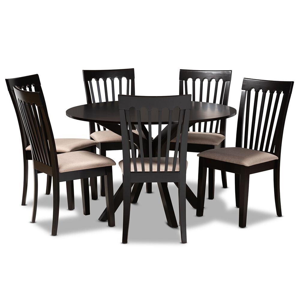 BAXTON STUDIO LORE MODERN AND CONTEMPORARY SAND FABRIC UPHOLSTERED AND DARK BROWN FINISHED WOOD 7-PIECE DINING SET  et