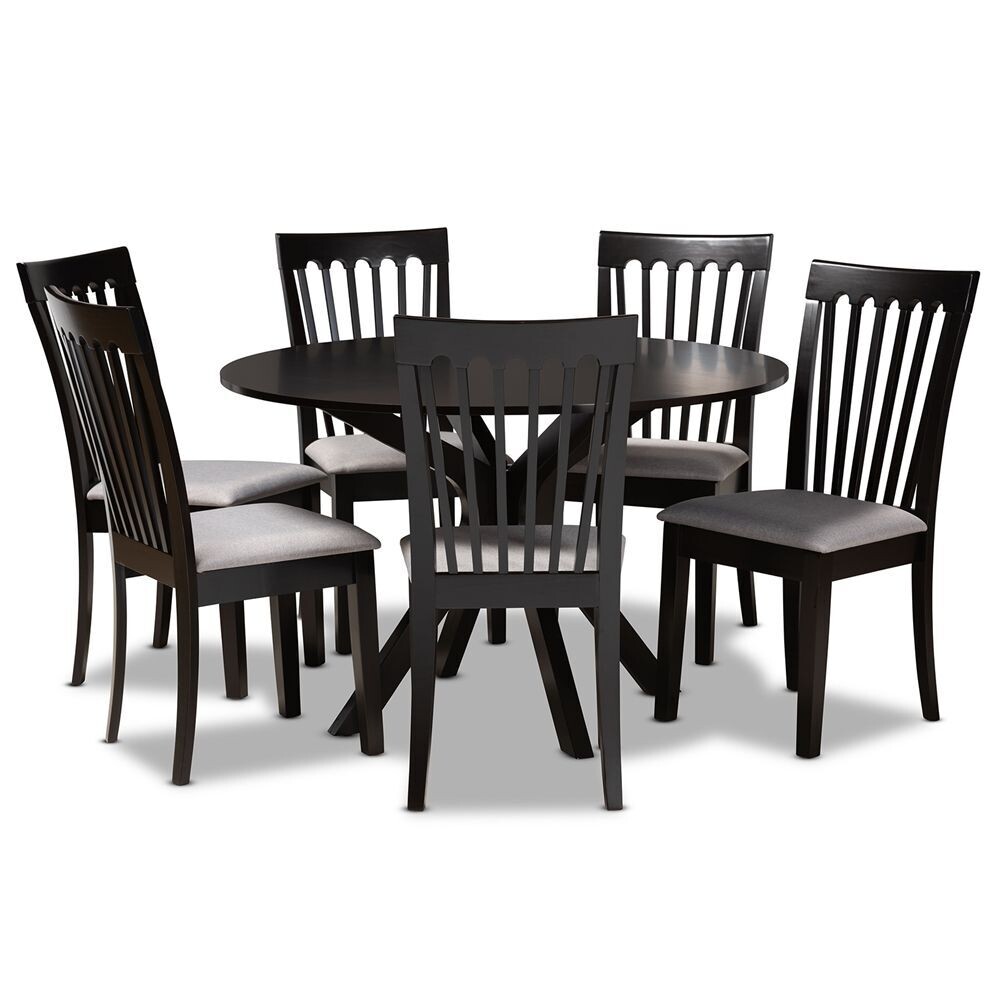 BAXTON STUDIO LORE MODERN AND CONTEMPORARY GREY FABRIC UPHOLSTERED AND DARK BROWN FINISHED WOOD 7-PIECE DINING SET