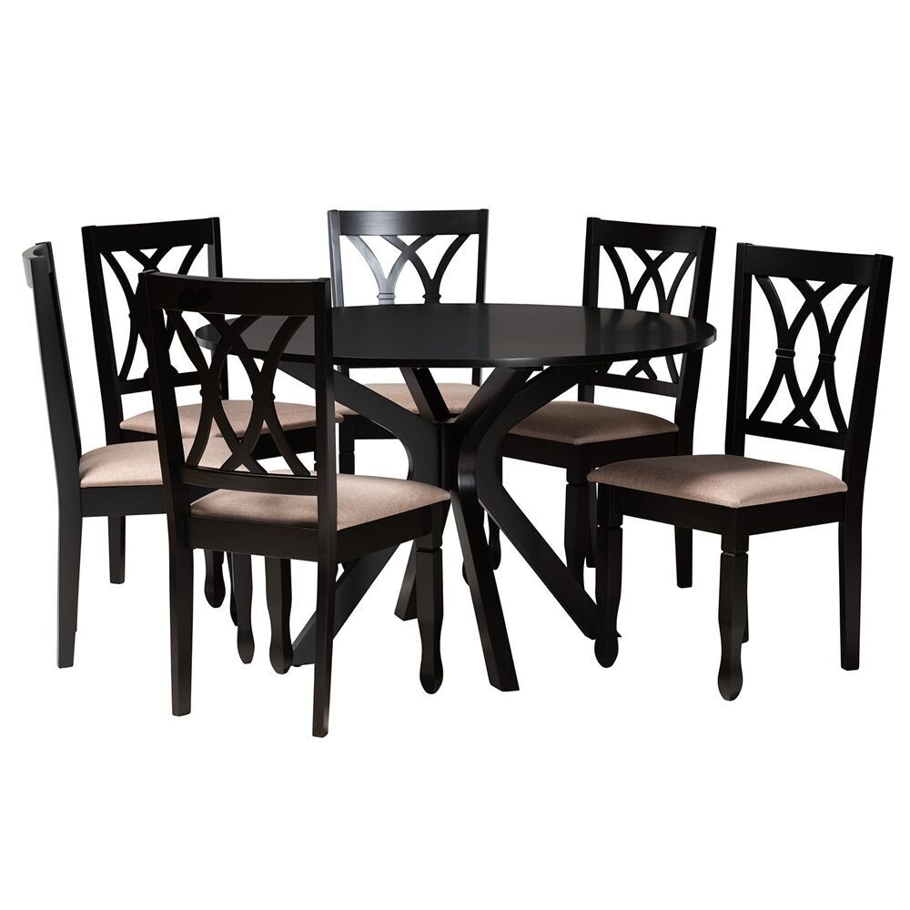 BAXTON STUDIO MAYA MODERN BEIGE FABRIC AND ESPRESSO BROWN FINISHED WOOD 7-PIECE DINING SET