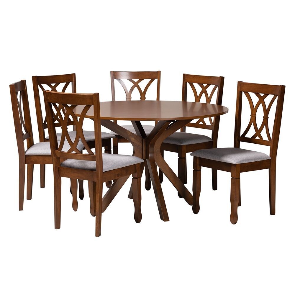 BAXTON STUDIO MAYA MODERN GREY FABRIC AND WALNUT BROWN FINISHED WOOD 7-PIECE DINING SET