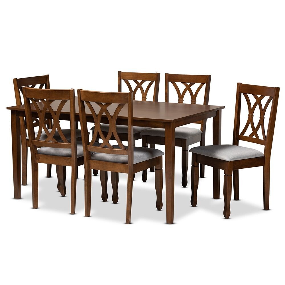BAXTON STUDIO AUGUSTINE MODERN AND CONTEMPORARY GREY FABRIC UPHOLSTERED AND WALNUT BROWN FINISHED WOOD 7-PIECE DINING SET