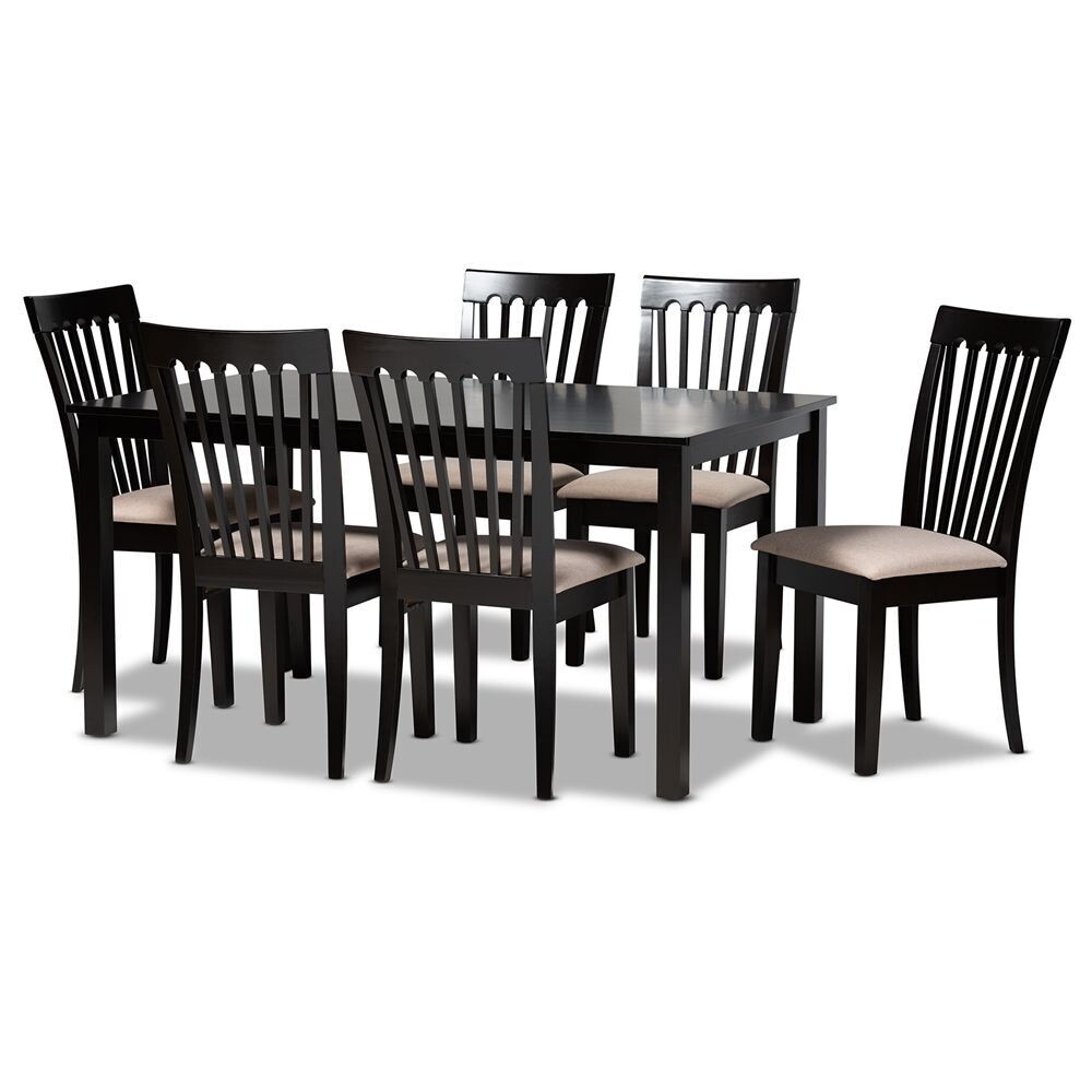 BAXTON STUDIO MINETTE MODERN AND CONTEMPORARY SAND FABRIC UPHOLSTERED ESPRESSO BROWN FINISHED WOOD 7-PIECE DINING SET